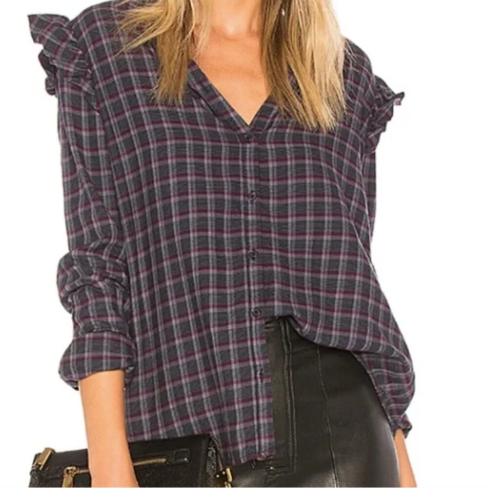 Paige Plaid Flannel Button Down with Ruffle Shoulder